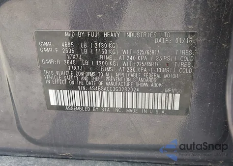 2016 Subaru Outback 2.5I Premium from USA, damaged, VIN 4S4BSACC3G3282024